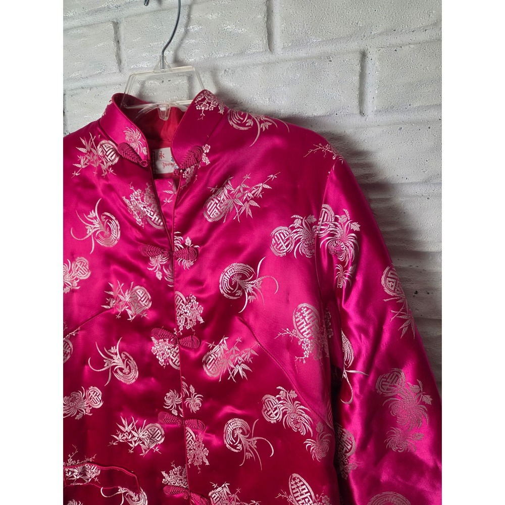 VTG Women's Large Mandarin Jacket Pink Satin Frog Buttons Quilted Padded Yeong - Picture 2 of 9
